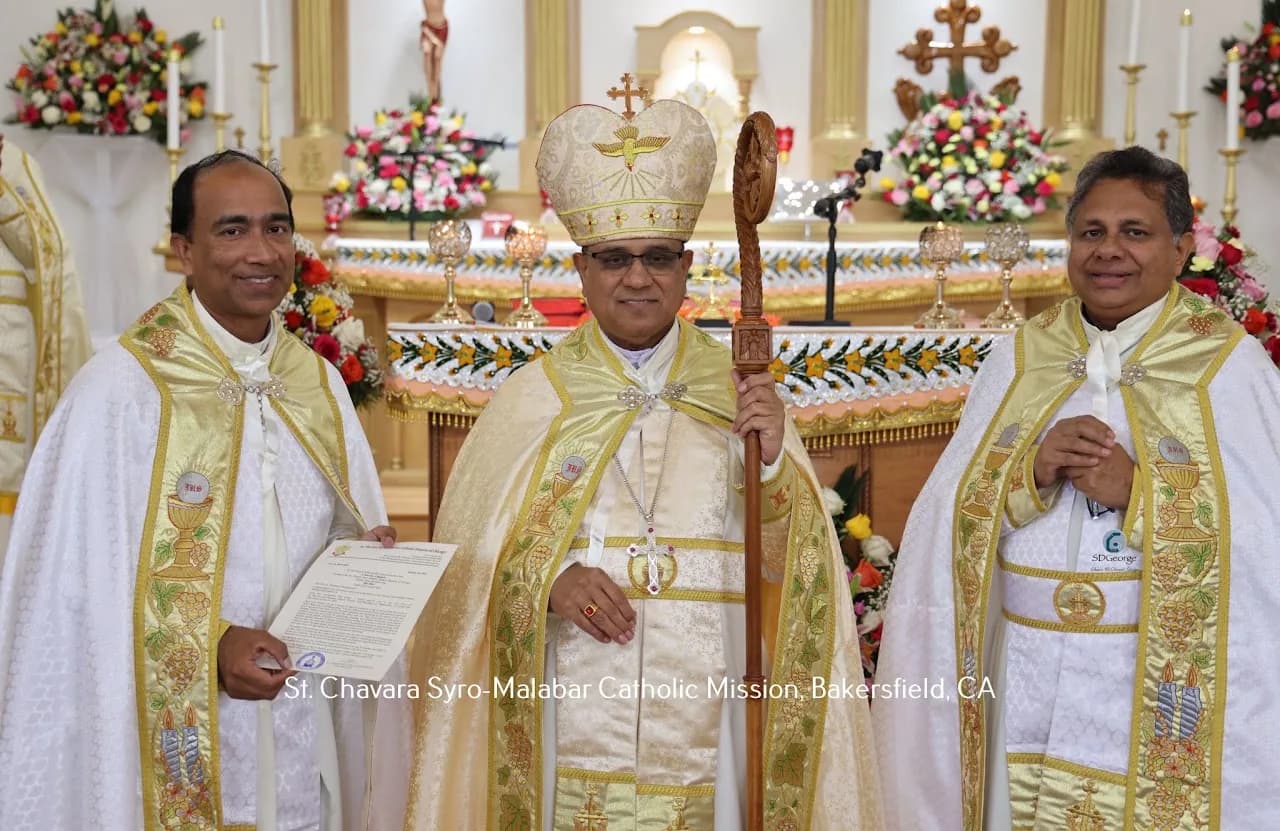 Bishop with crozier flanked by two vested priests, one holding a sealed decree, before the altar
