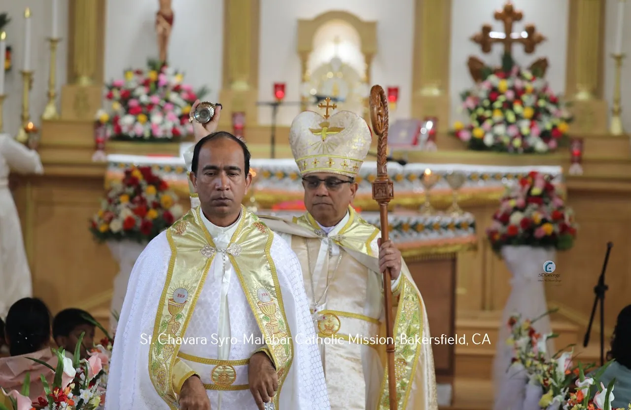 Bishop in mitre with crozier processing beside a priest raising a censer at the gilded altar