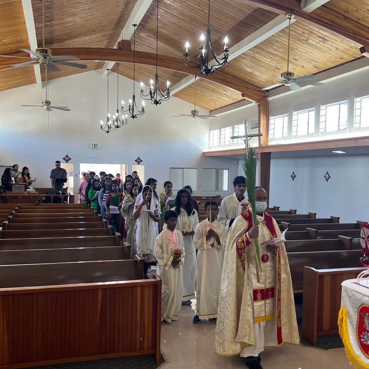 Palm Sunday procession led by a priest with palm fronds, followed by altar servers and congregation